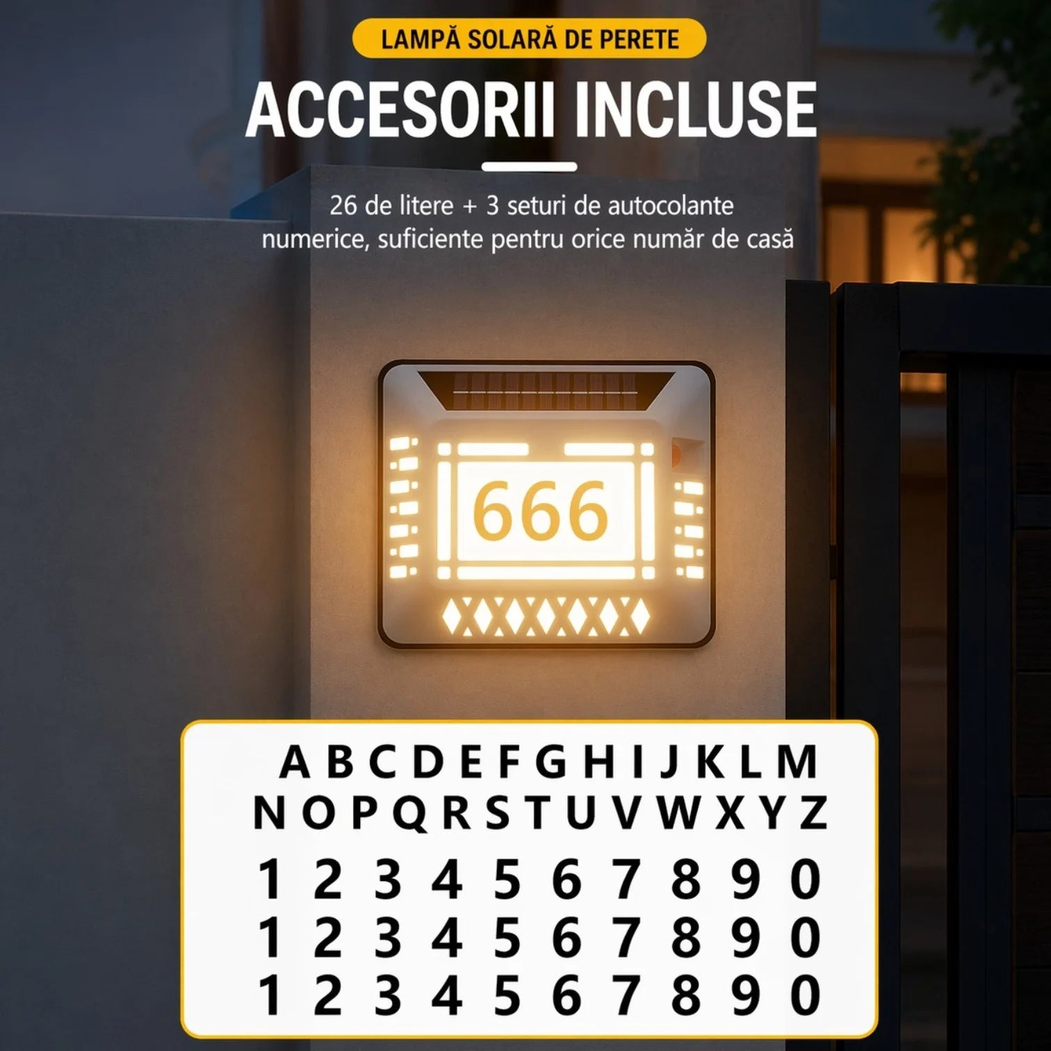 Lampă Solară Număr Casă 8801M-D, 20x17.5cm, Iluminare LED Alb Rece, Panou Solar Integrat, cu Cifre și Litere, Montaj Exterior, Rezistentă la Apă Engros
