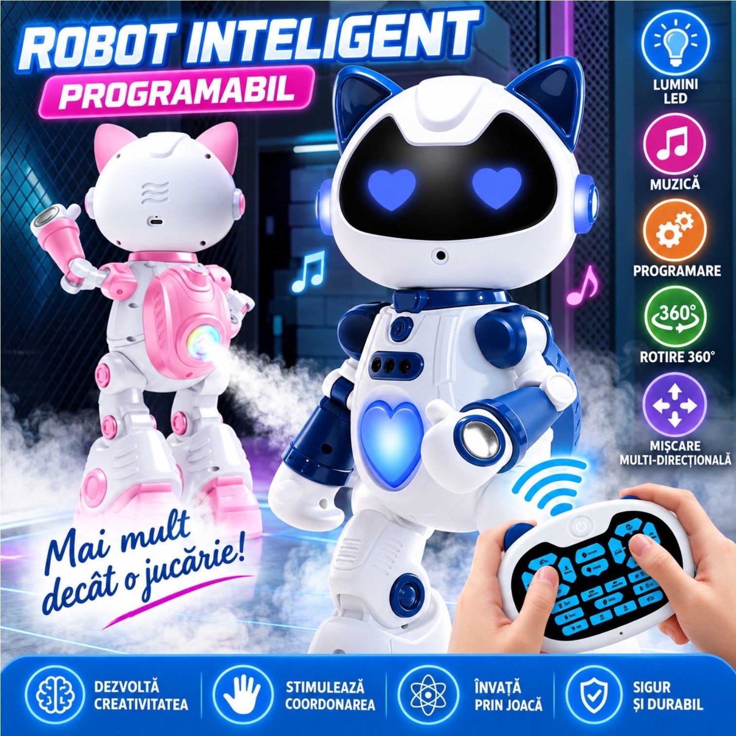 Robot Interactiv 35cm, cu Telecomanda, Control prin Gesturi, Pulverizare, Lumini LED, Muzica si Miscare, Diferite Culori Engros