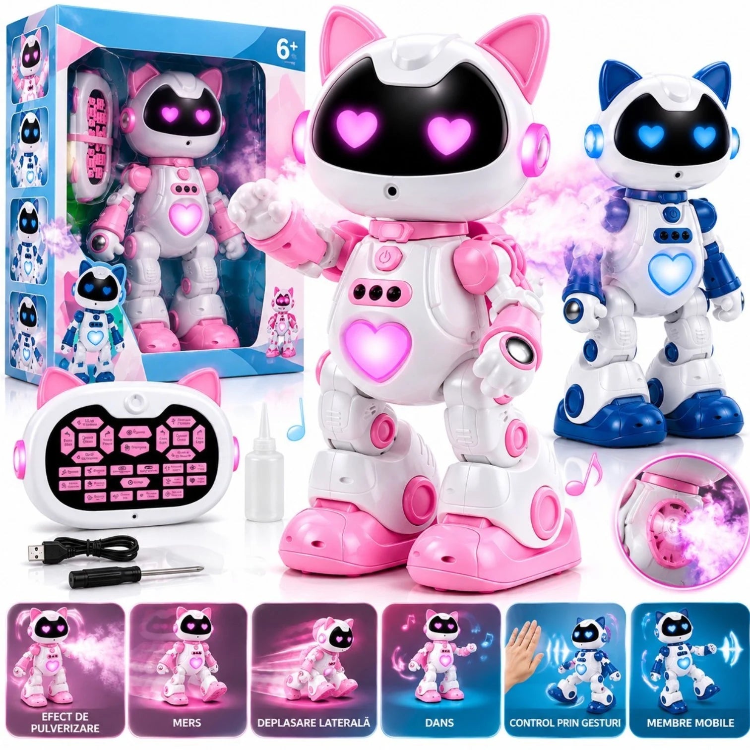 Robot Interactiv 35cm, cu Telecomanda, Control prin Gesturi, Pulverizare, Lumini LED, Muzica si Miscare, Diferite Culori Engros