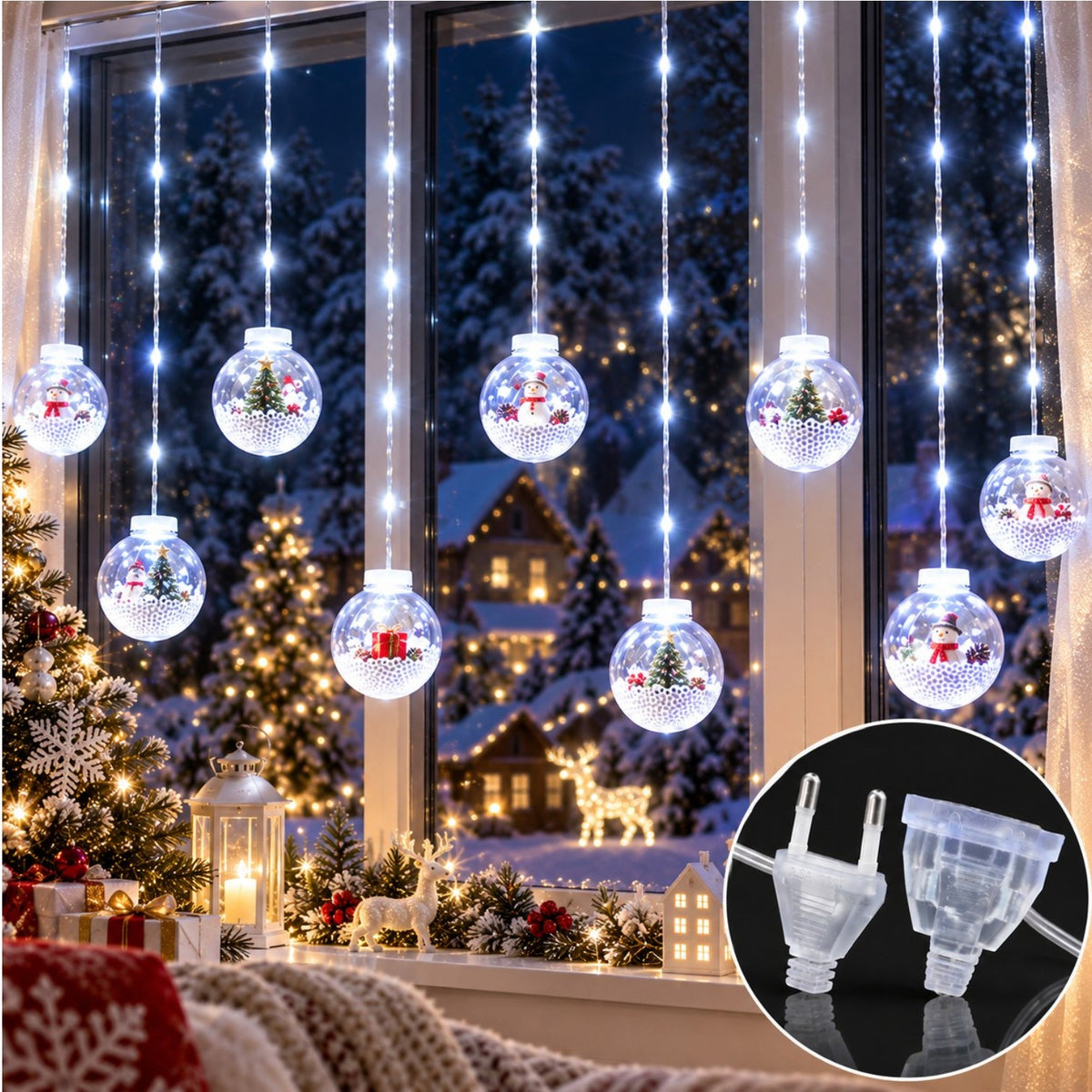 Instalatie LED de Craciun 3m, cu 10 Globuri de 8.5cm, Figurine si Zapada Artificiala din Polistiren, Lumina Alb Rece, Jocuri de Lumini, Efect Flash, Interconectabila Engros