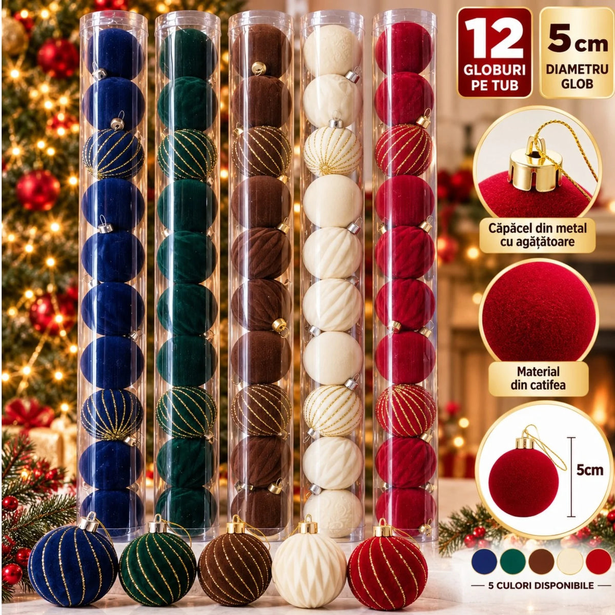 Globuri de Crăciun 12/Set, 5cm, din Catifea, cu Modele și Texturi Decorative, Căpăcel și Inel de Agățare din Metal Auriu, Diferite Culori Engros
