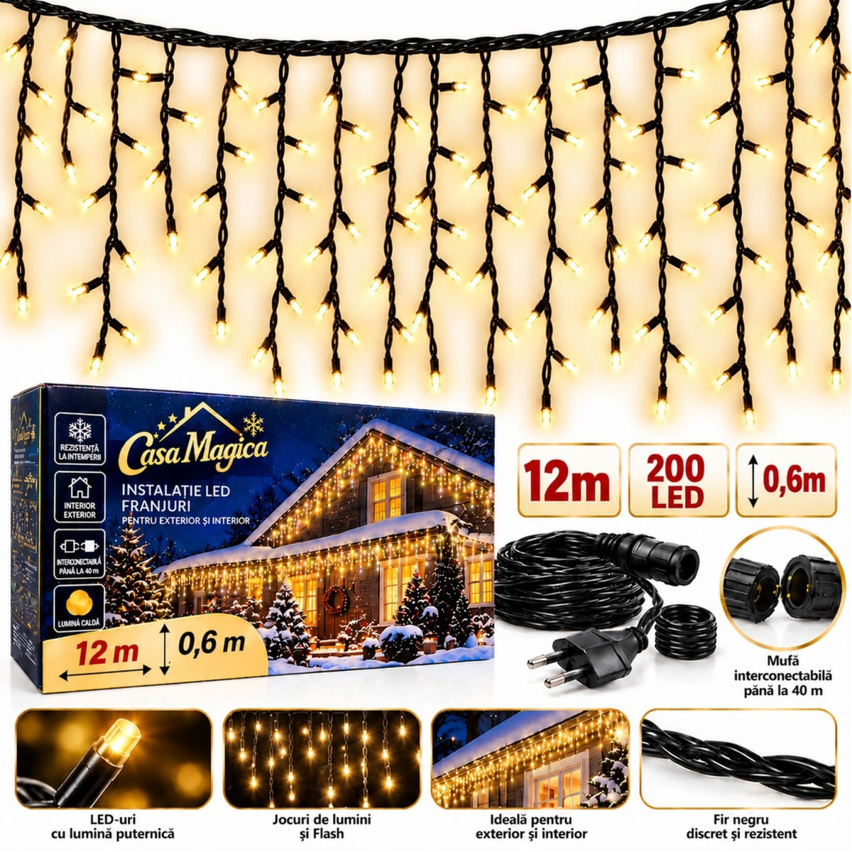Instalație de Crăciun Tip Franjuri 12m, 200 LED-uri, Lumină Calda, Fir Negru, Jocuri de Lumini și Flash Alb, Mufă Interconectabilă Engros