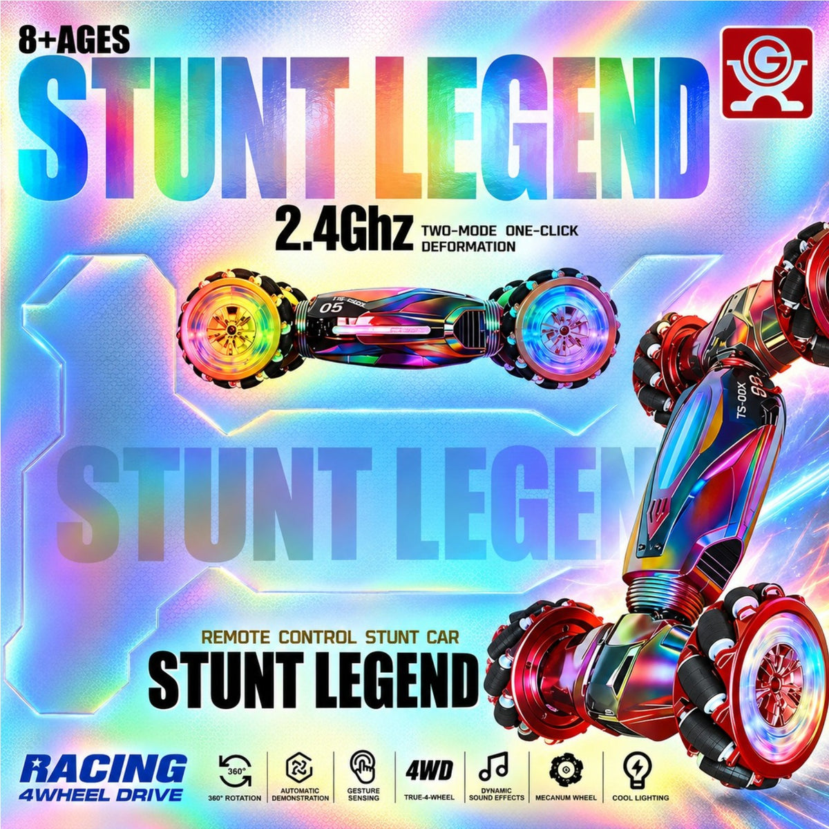 Masina Electrica Stunt cu Telecomanda 42x22cm, 4WD 2.4GHz, Control prin Gesturi, Roti Mecanum, Rotire 360°, Lumini LED, Sunete si Efect de Abur, Diferite Culori Engros