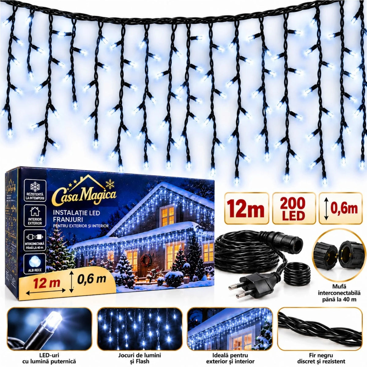 Instalație de Crăciun Tip Franjuri 12m, 200 LED-uri, Lumină Alb Rece, Fir Negru, Jocuri de Lumini și Flash Alb, Mufă Interconectabilă Engros