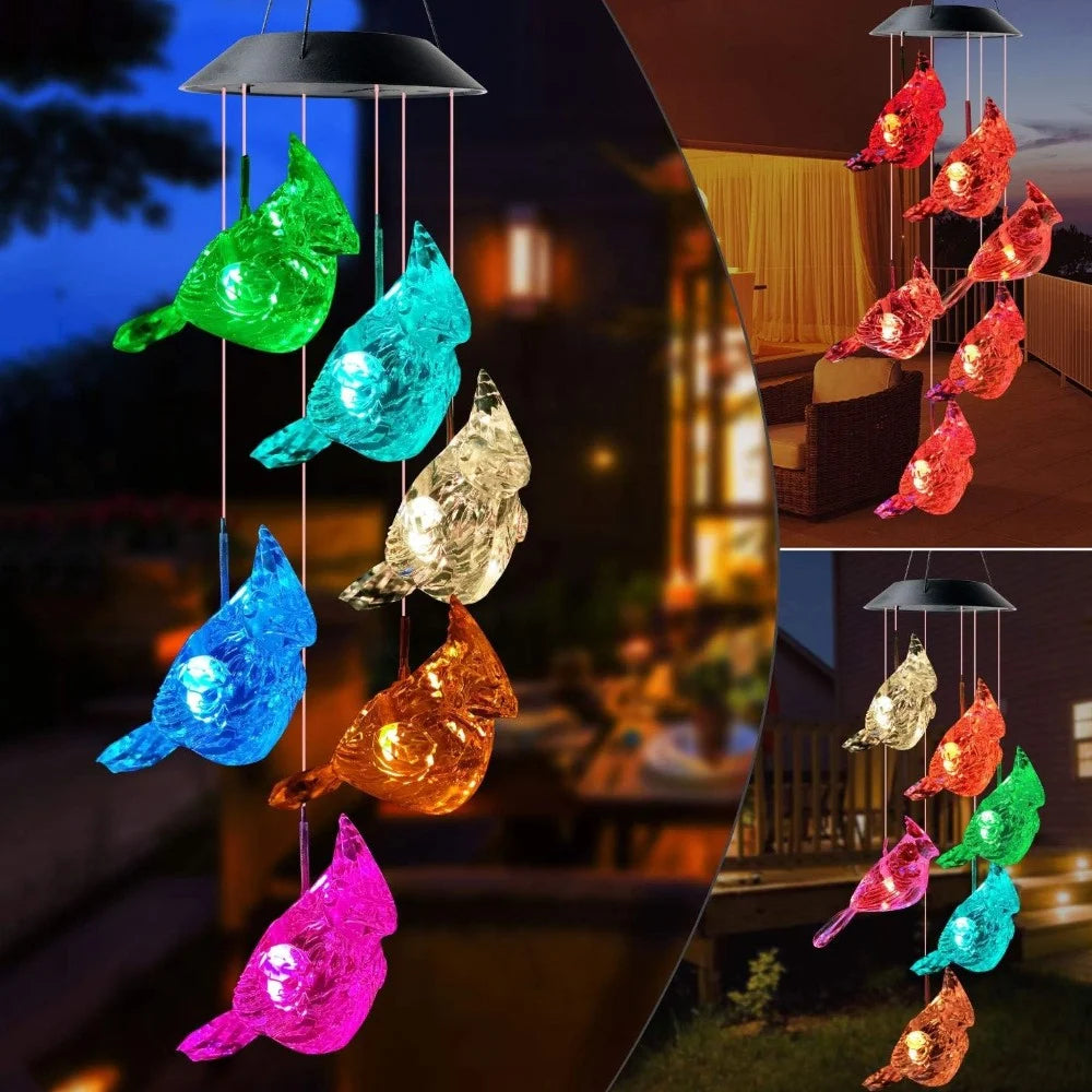 Lampă Solară LED 63cm cu Clopoțel de Vânt, Model cu 6 Păsări Transparente din Plastic, Iluminare LED Multicoloră, Panou Solar si Agățătoare Inclusă Engros