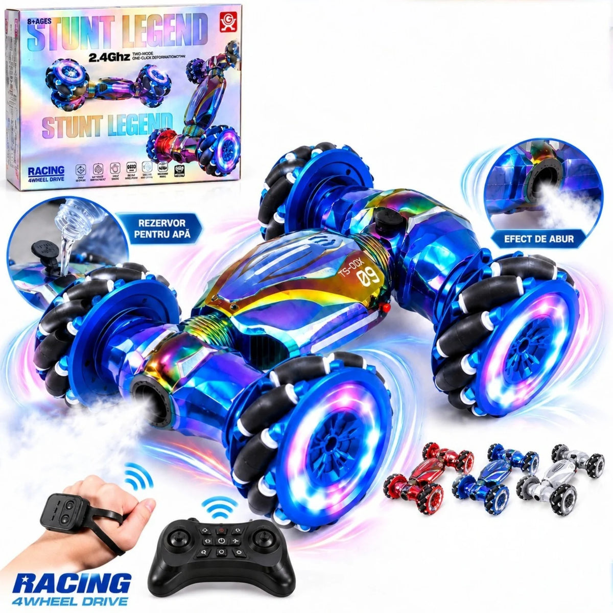 Masina Electrica Stunt cu Telecomanda 42x22cm, 4WD 2.4GHz, Control prin Gesturi, Roti Mecanum, Rotire 360°, Lumini LED, Sunete si Efect de Abur, Diferite Culori Engros