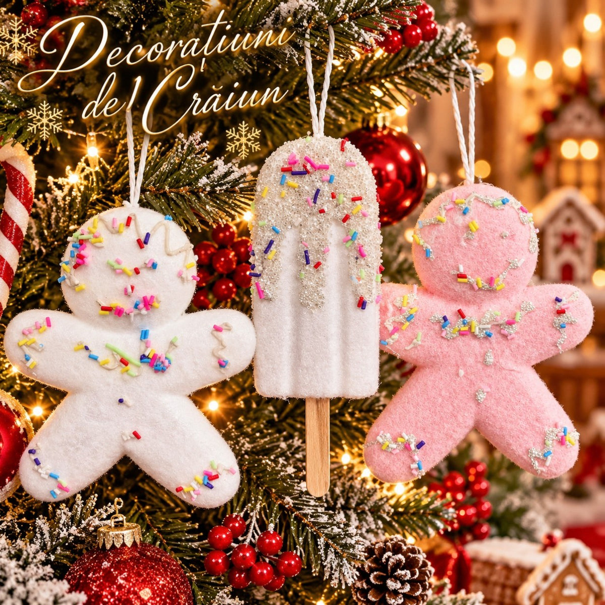 Decorațiuni de Crăciun 12/set, 12–15.5cm, Om de Turtă Dulce și Înghețată pe Băț, cu Sclipici și Bombonele Colorate, Diverse Modele pentru Brad Engros
