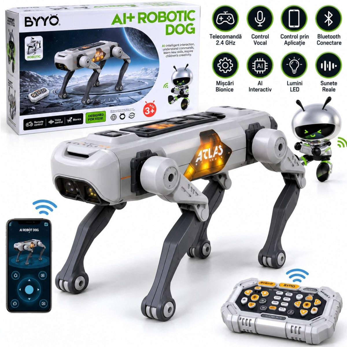 Caine Robot Inteligent AI+ Robotic Dog 30cm, Model 8877, cu Telecomanda 2.4GHz, Control Vocal si prin Aplicatie, Bluetooth, Acumulator 3.7V, Incarcare USB, Miscari Bionice, Lumini si Sunete Engros