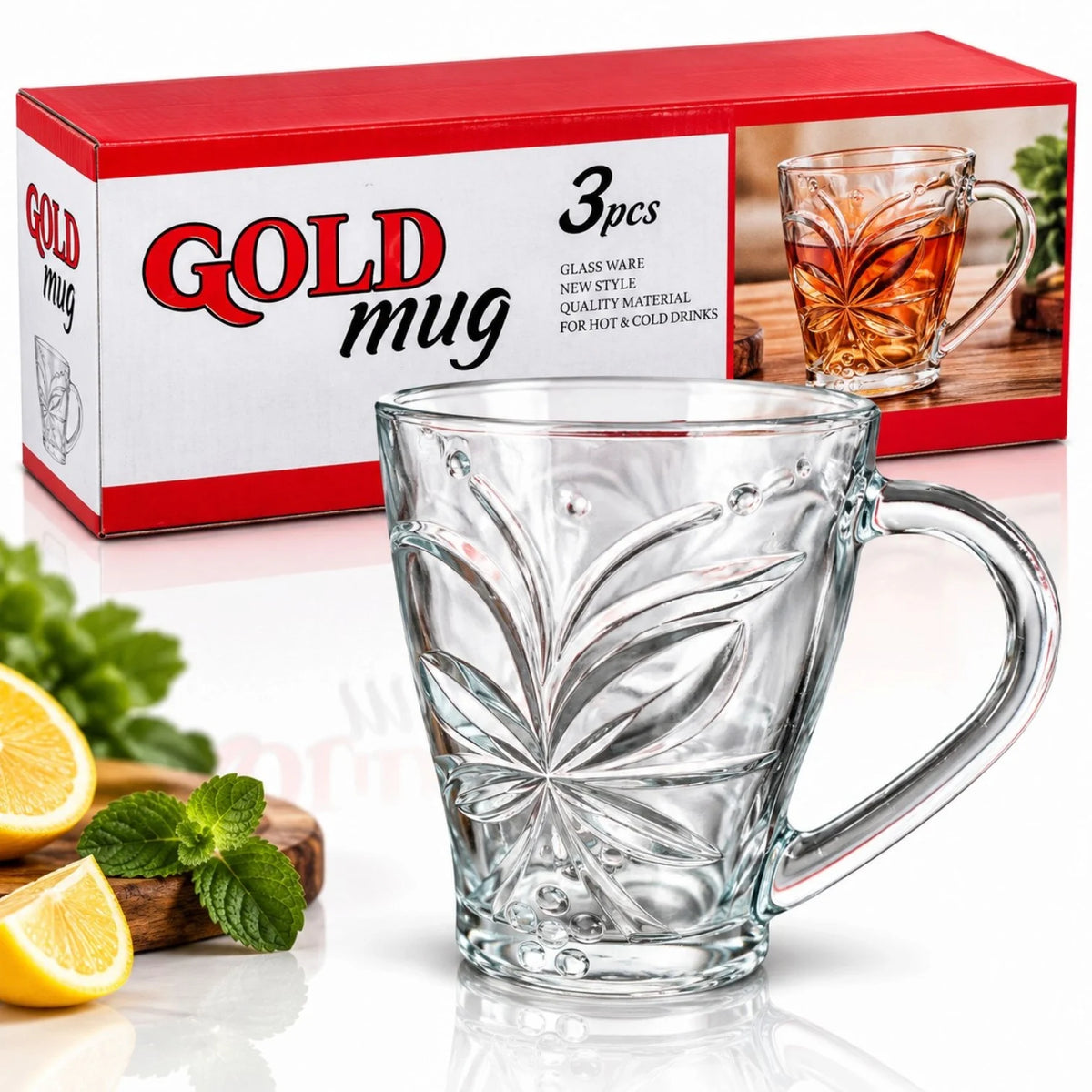 Cana din Sticla 3/Set, Model Papilion Floral, 10x8.5cm, cu Maner, Transparenta Engros