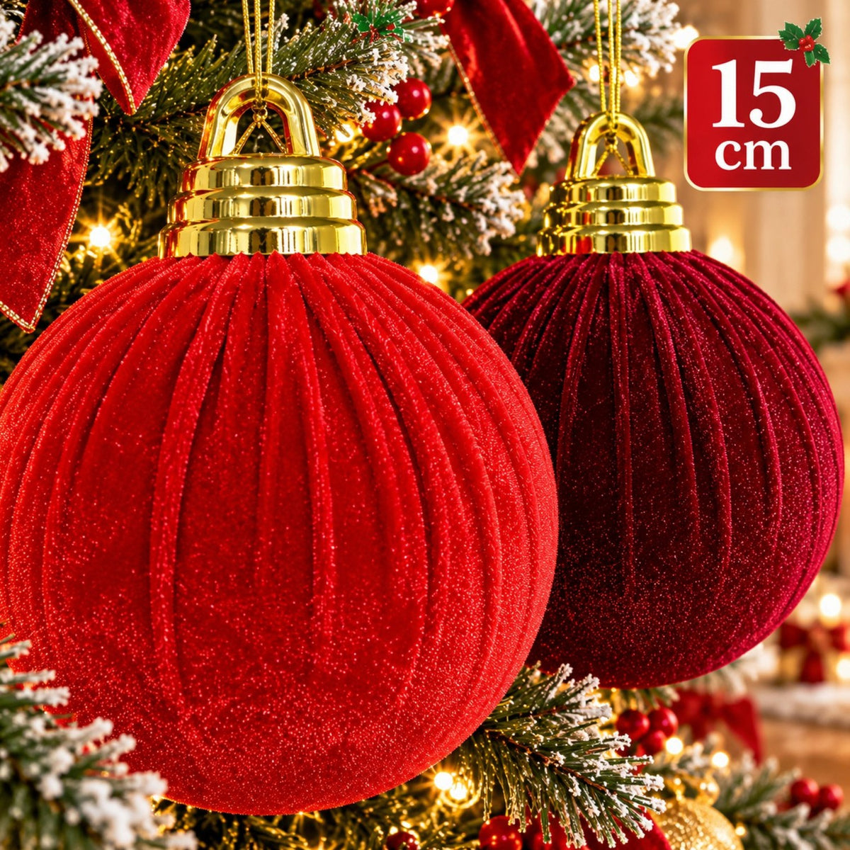 Glob de Crăciun XXL 15cm, Îmbrăcat în Catifea cu Textură Striată, Căpăcel Auriu și Șnur de Agățare, Rosu si Visiniu Engros