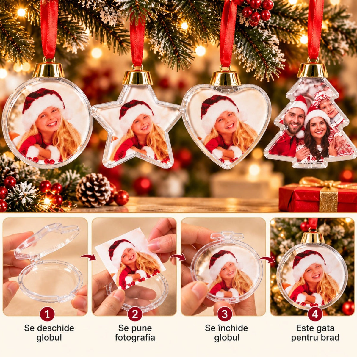 Globuri de Crăciun Personalizabile cu Fotografii, 9–10cm, Transparente, cu Deschidere pentru Introducerea Pozei, Diferite Modele Engros