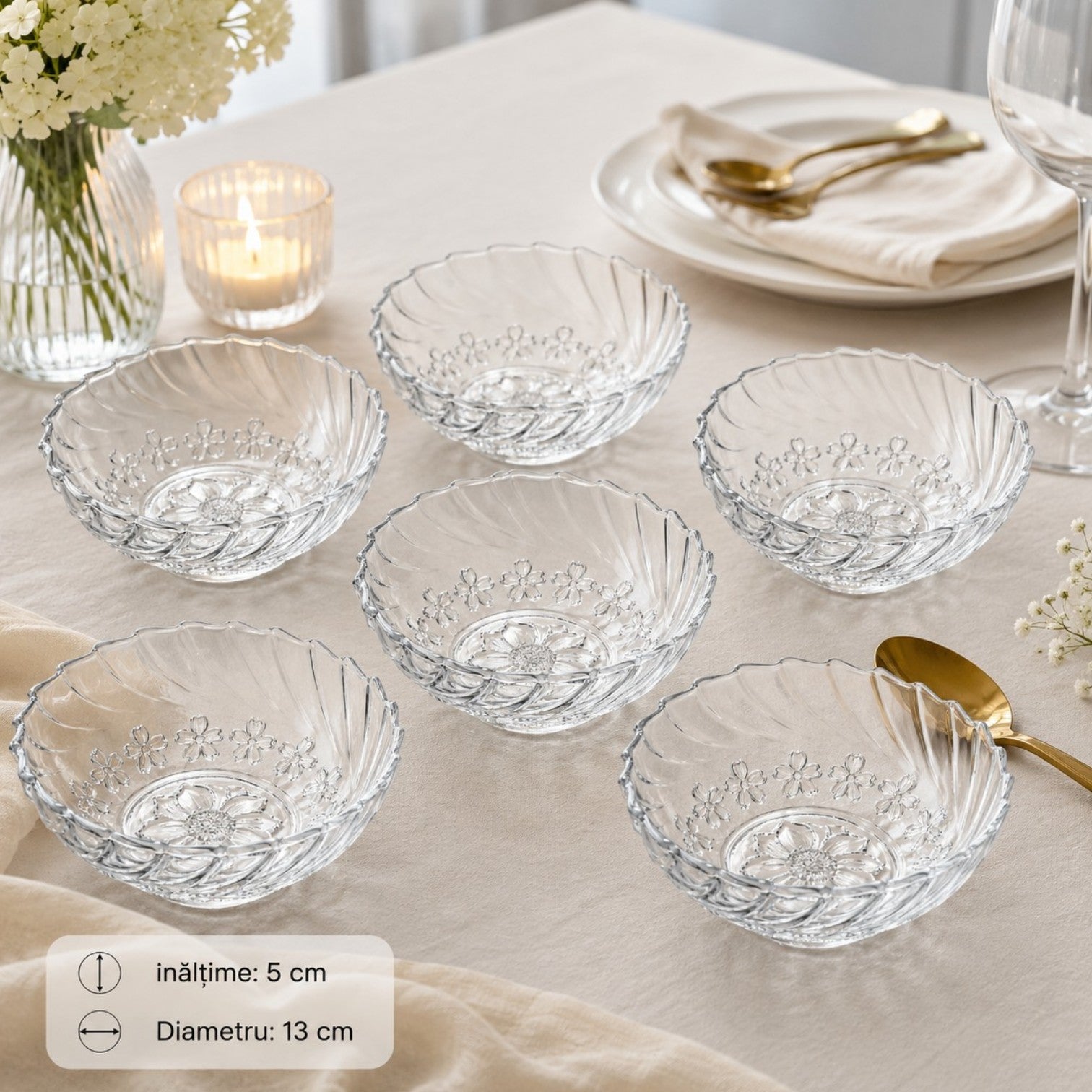 Bol din Sticla 6/set, Model Floral Transparent, 13x5cm, Cristal Engros
