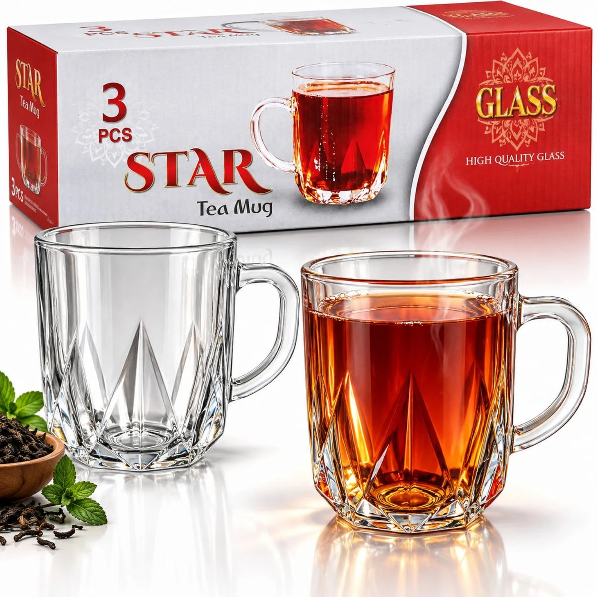 Cana din Sticla Star 3/set, Model Cristal Fatetat 9x7.5cm, cu Maner Engros