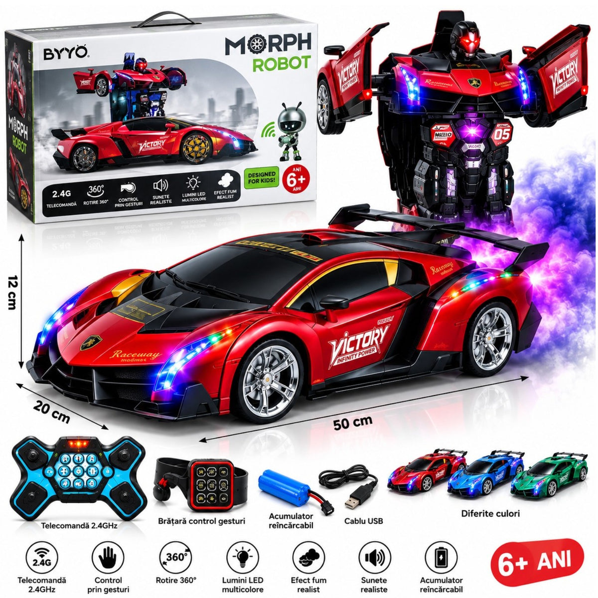 Masina Transformabila in Robot 50x20cm, cu Telecomanda 2.4GHz si Control prin Gesturi, Lumini LED Multicolore, Efect de Fum, Rotire 360°, Sunete, Acumulator Reincarcabil, Diferite Culori Engros
