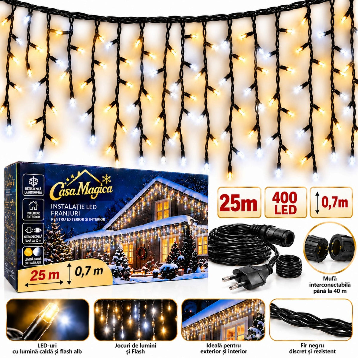 Instalație de Crăciun Tip Franjuri 25m, 400 LED-uri, Lumină Alb Cald, Fir Negru, Jocuri de Lumini și Flash Alb, Mufă Interconectabilă Engros