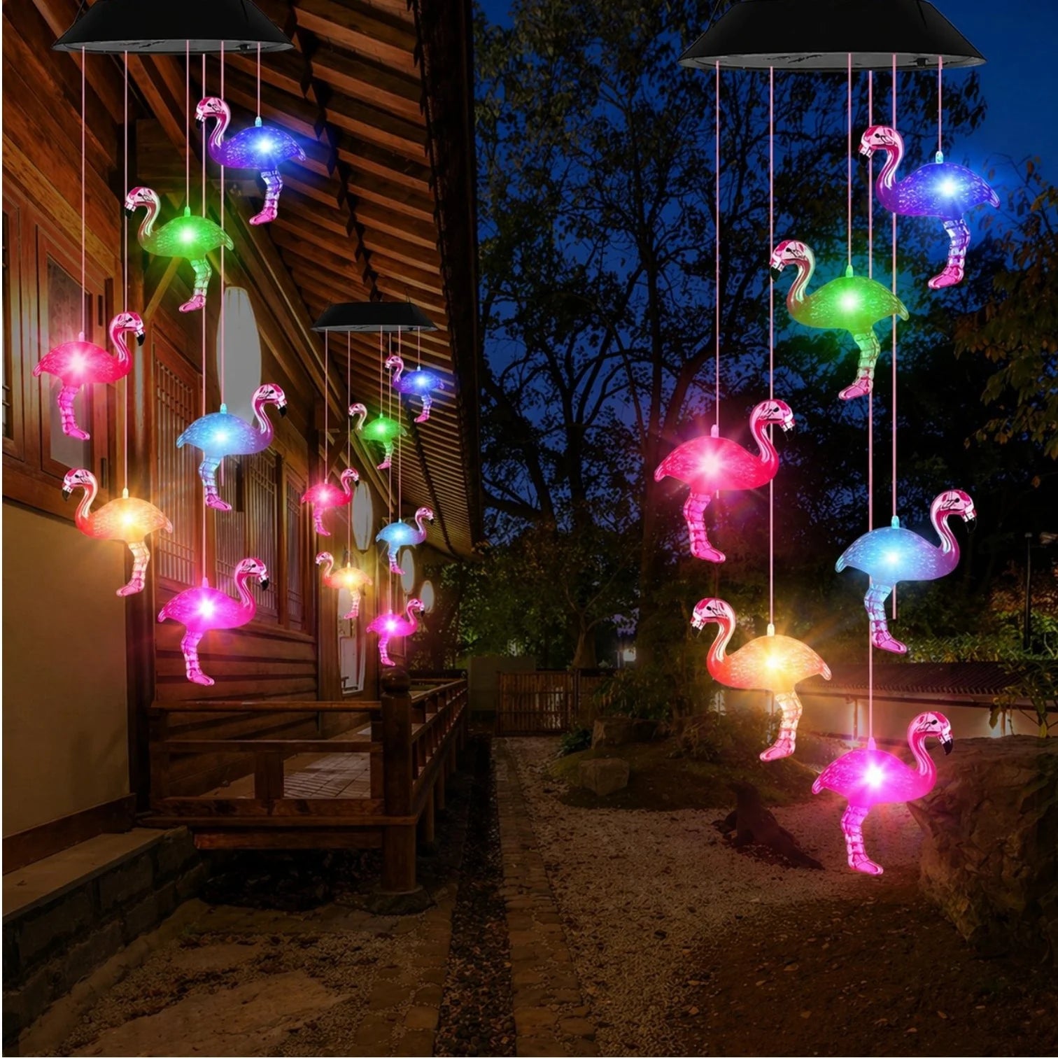 Lampa Solara LED 63cm cu Clopotel de Vant, Model cu 8 Flamingo Roz, Iluminare Multicoloră, Panou Solar si Agățătoare Inclusă Engros