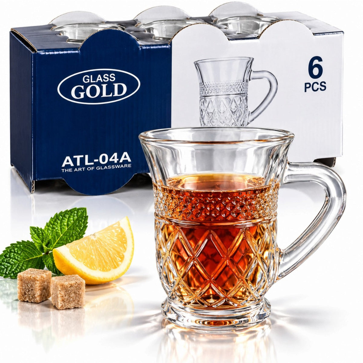 Cana din Sticla 6/Set, Model Cristal cu Romburi, 8x6.5cm, cu Maner Engros