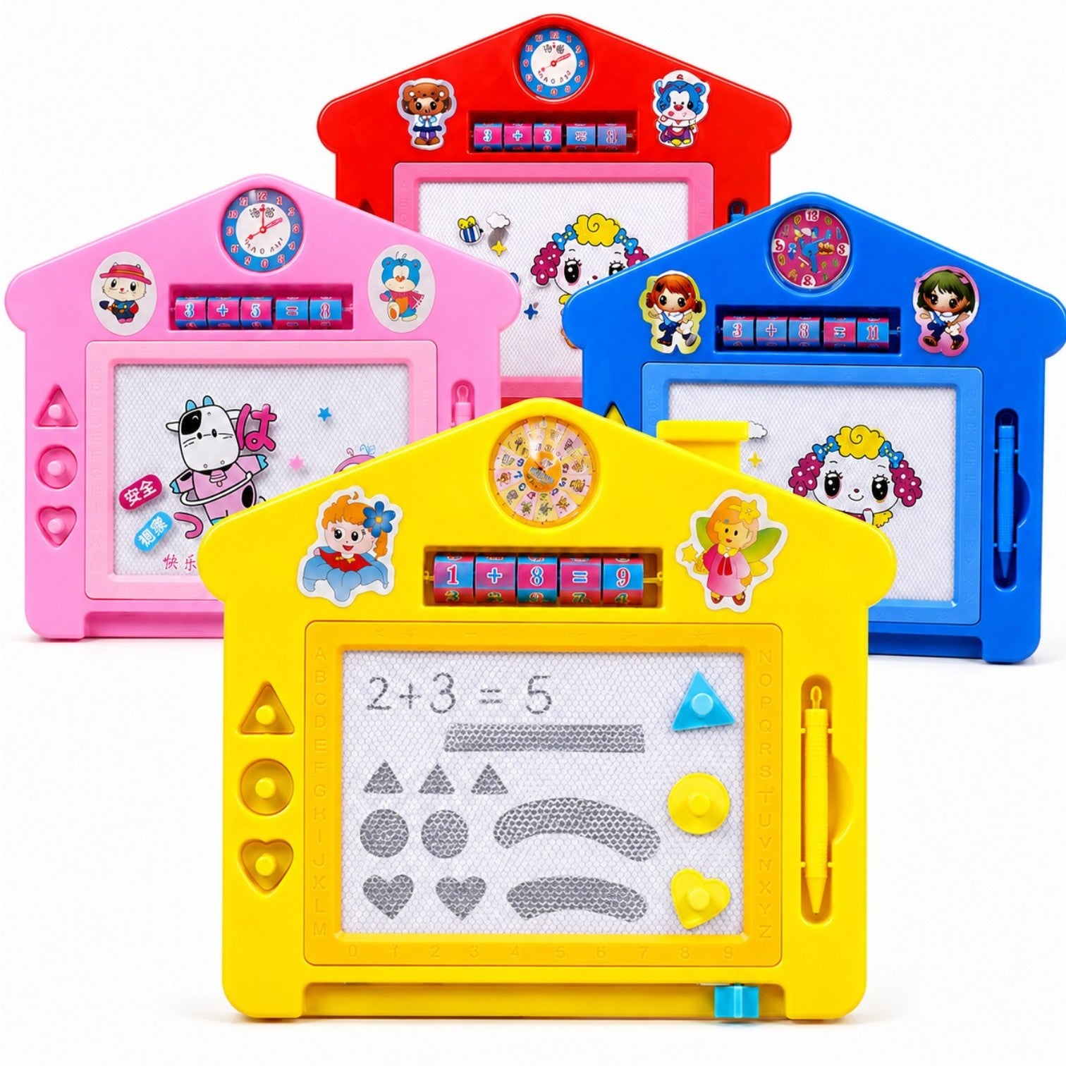 Tabla Magnetica Educativă 27×32cm, în Formă de Căsuță, cu Creion Magnetic și Ștampile în Forme Diferite, Diferite Culori Engros