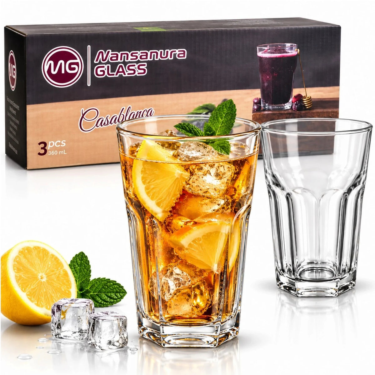 Pahar din Sticla 360ml, 3/Set, Model Casablanca, 12x8.5cm, cu Baza Groasa Engros