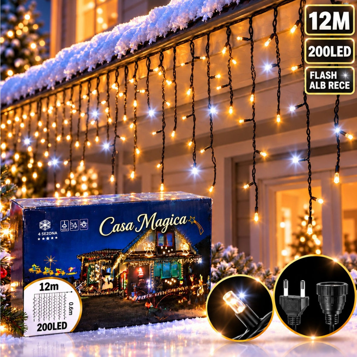Instalație de Crăciun Tip Franjuri 12m, 200 LED-uri, Lumină Calda, Fir Negru, Jocuri de Lumini și Flash Alb, Mufă Interconectabilă Engros