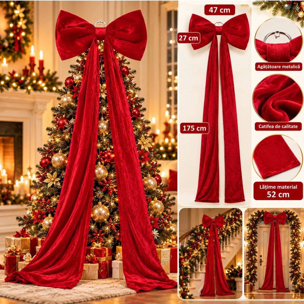 Fundă Decorativă de Crăciun XXL 175cm, din Catifea Roșie, cu Panglici Lungi și Fundă Mare 47x27cm, Agatatoare din Metal pentru Brad Engros