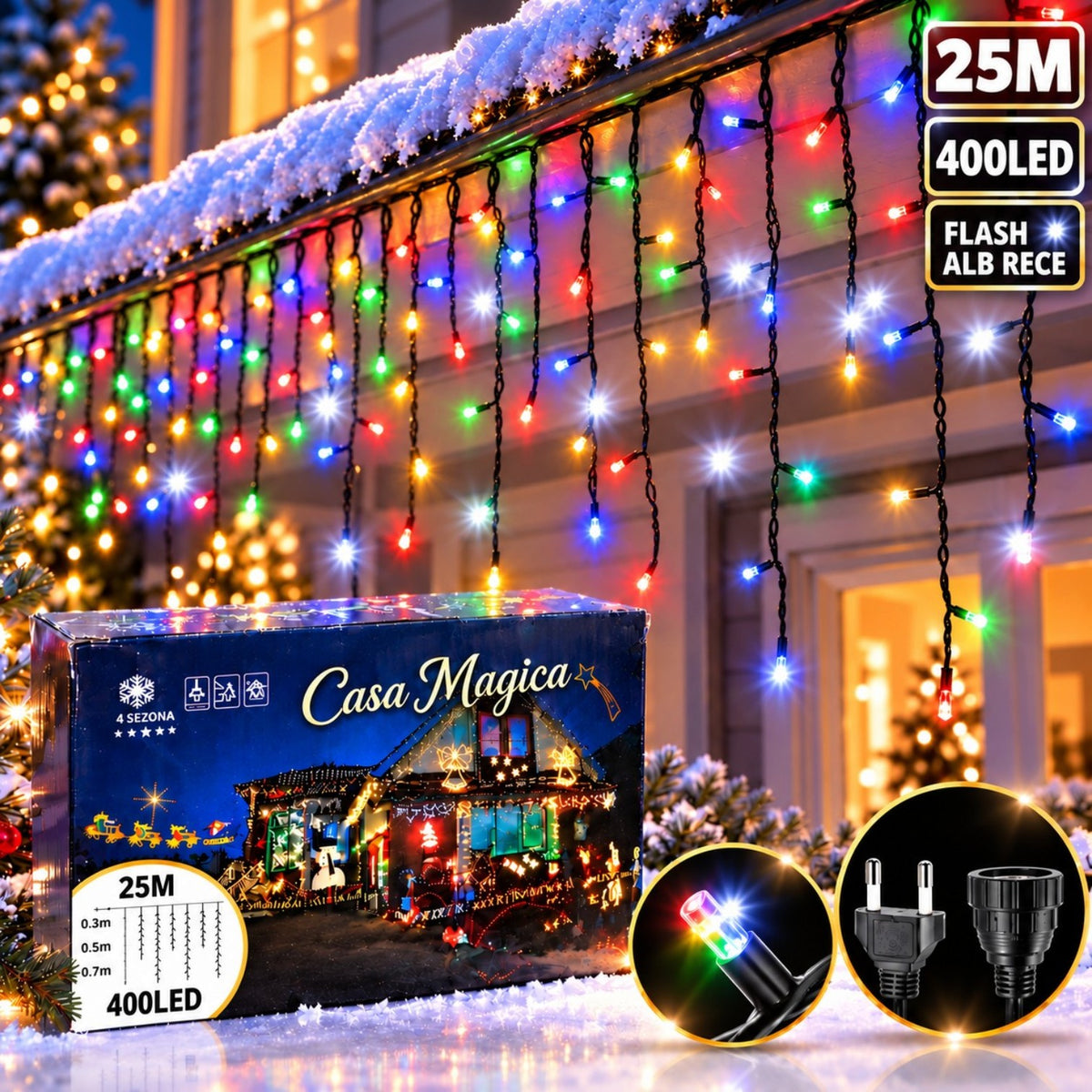 Instalație de Crăciun Tip Franjuri 25m, 400 LED-uri, Lumină Multicolora, Fir Negru, Jocuri de Lumini și Flash Alb, Mufă Interconectabilă Engros
