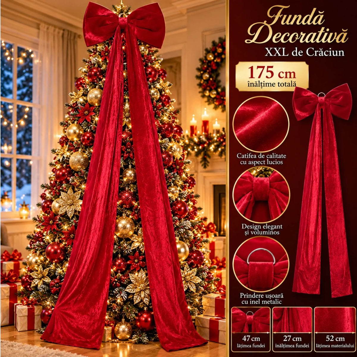 Fundă Decorativă de Crăciun XXL 175cm, din Catifea Roșie, cu Panglici Lungi și Fundă Mare 47x27cm, Agatatoare din Metal pentru Brad Engros