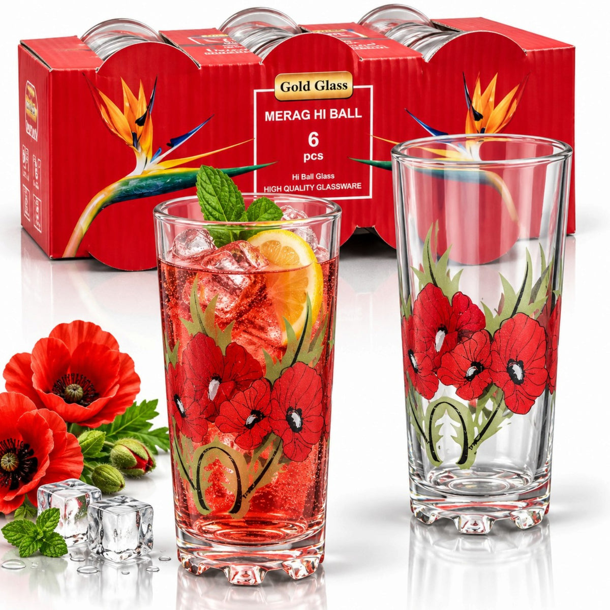 Pahar din Sticla 6/set, 12.5x6.5cm, Model Floral Merga Engros
