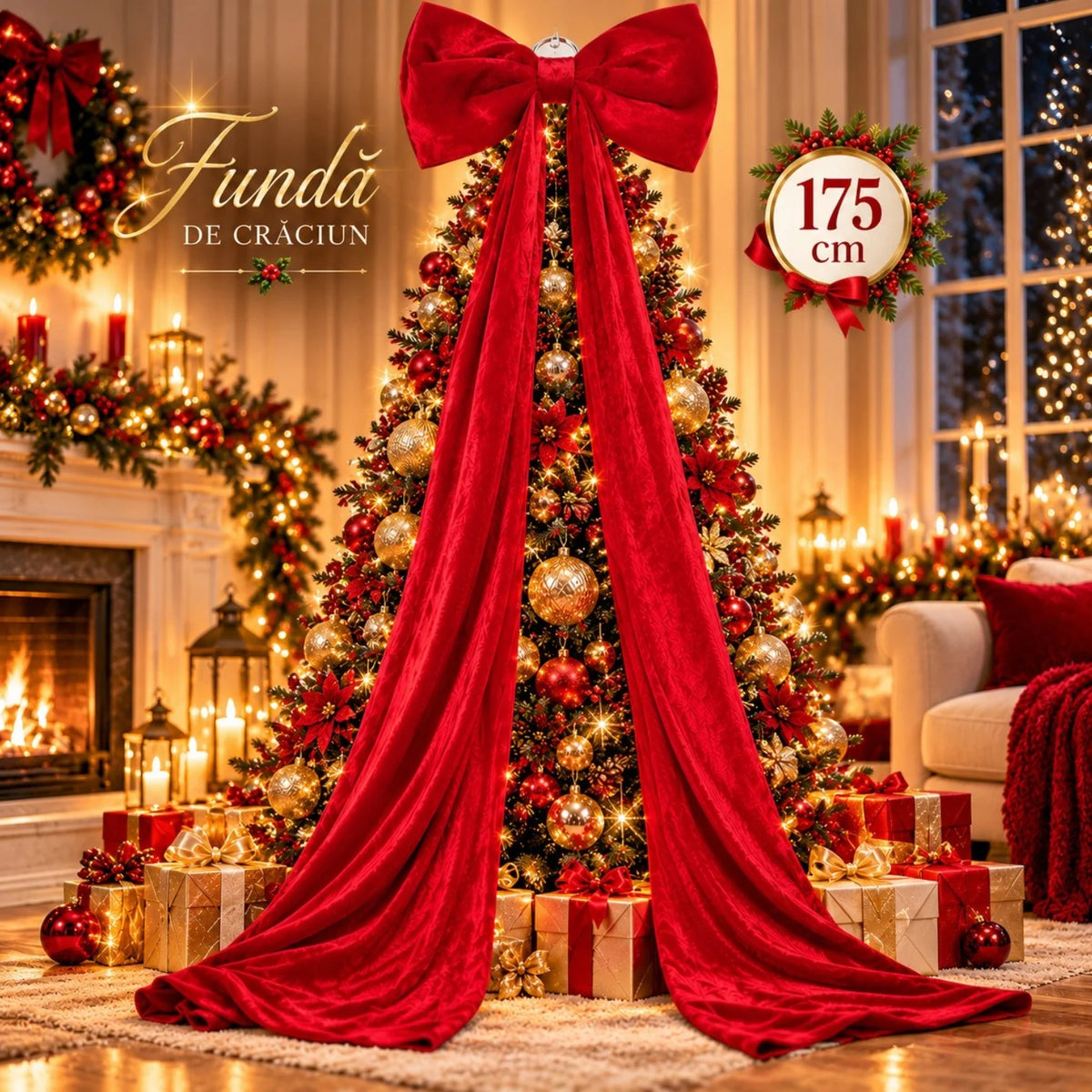 Fundă Decorativă de Crăciun XXL 175cm, din Catifea Roșie, cu Panglici Lungi și Fundă Mare 47x27cm, Agatatoare din Metal pentru Brad Engros