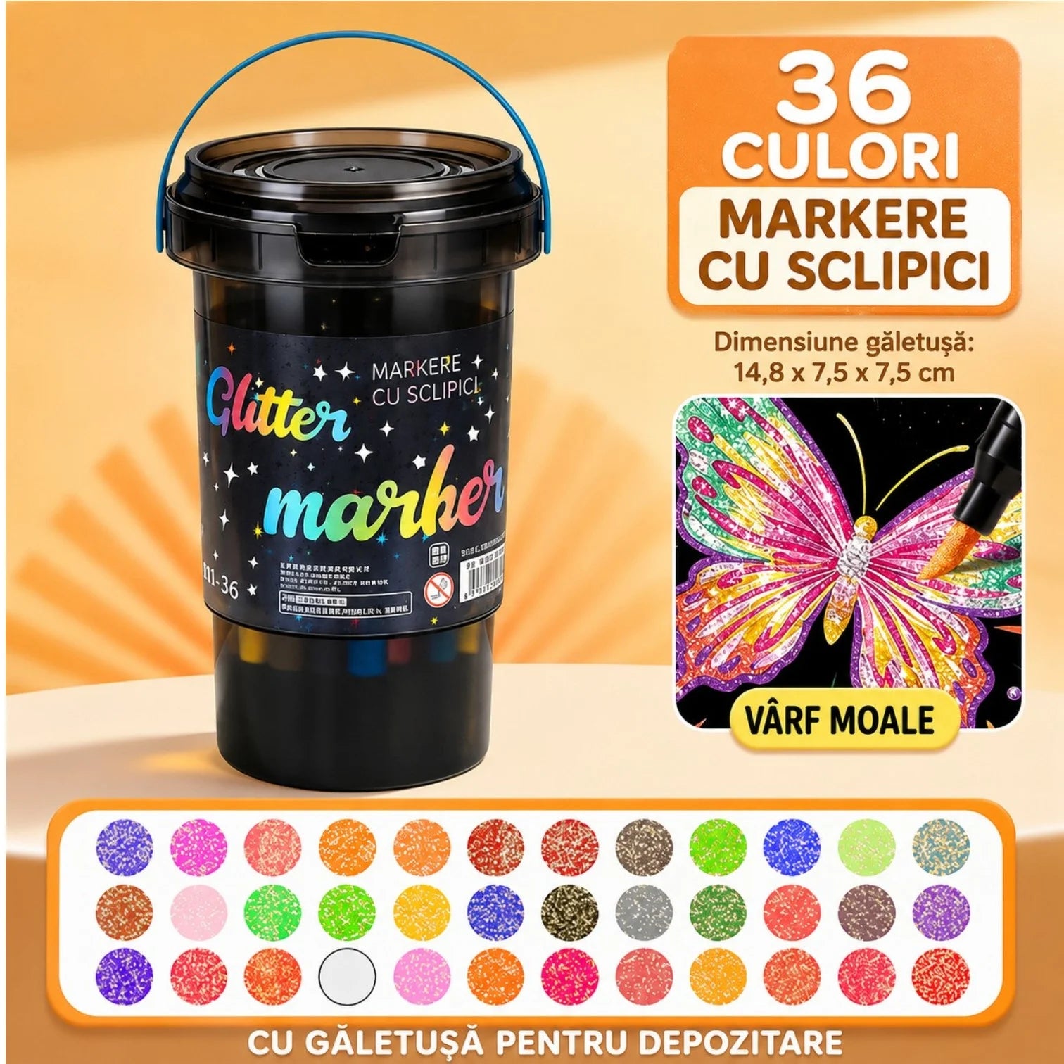 Markere Glitter cu Sclipici 36/set, in Galetusa din Plastic cu Capac si Maner Engros