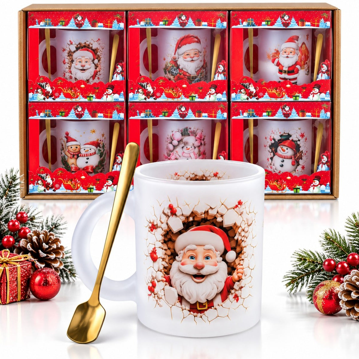 Cana din Sticla Mata 6/set, de Craciun 6/set, cu Lingurita Metalica Aurie, Diferite Modele Engros