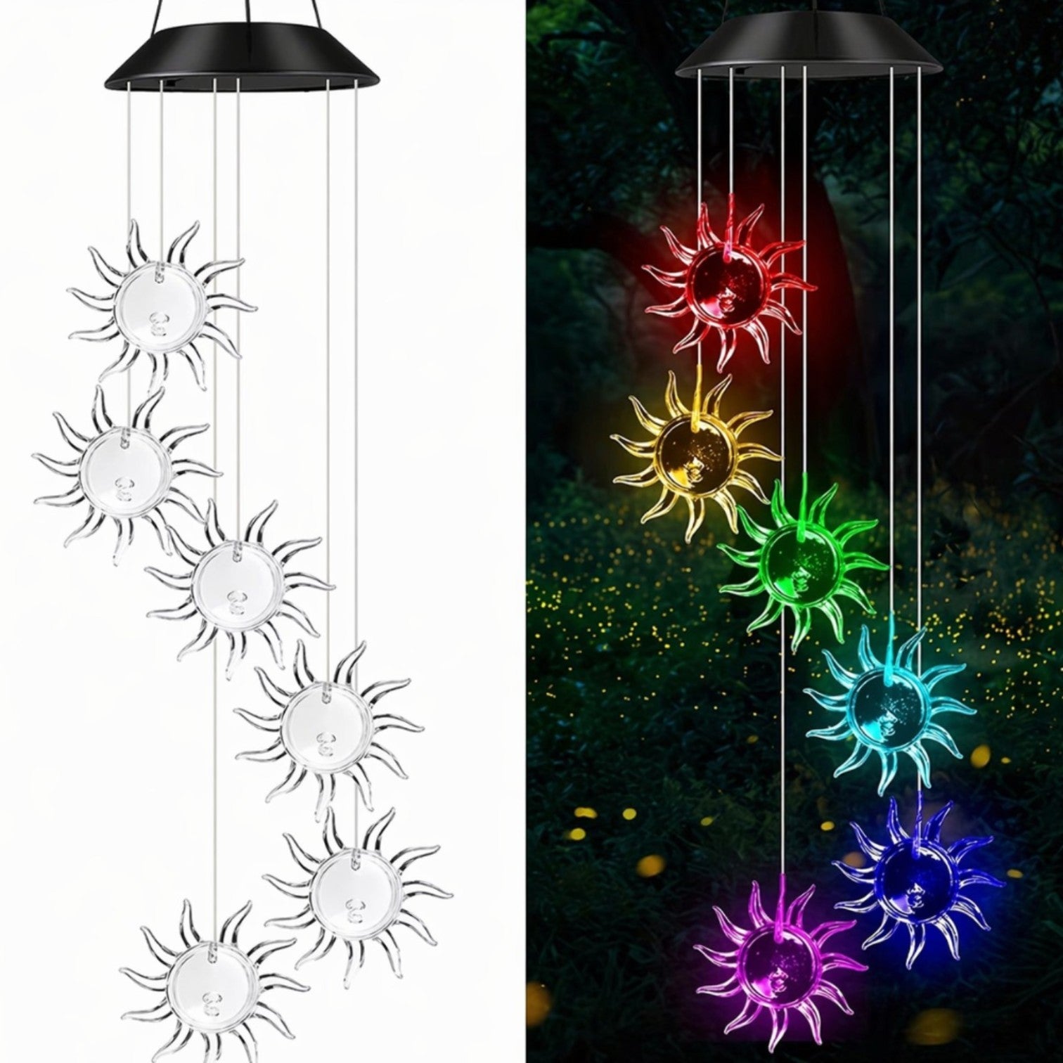 Lampă Solară LED 63cm cu Clopoțel de Vânt, Model cu 6 Soare Decorative 10cm, Iluminare Multicoloră, Panou Solar si Agățătoare Inclusă, Rezistentă la Apă Engros