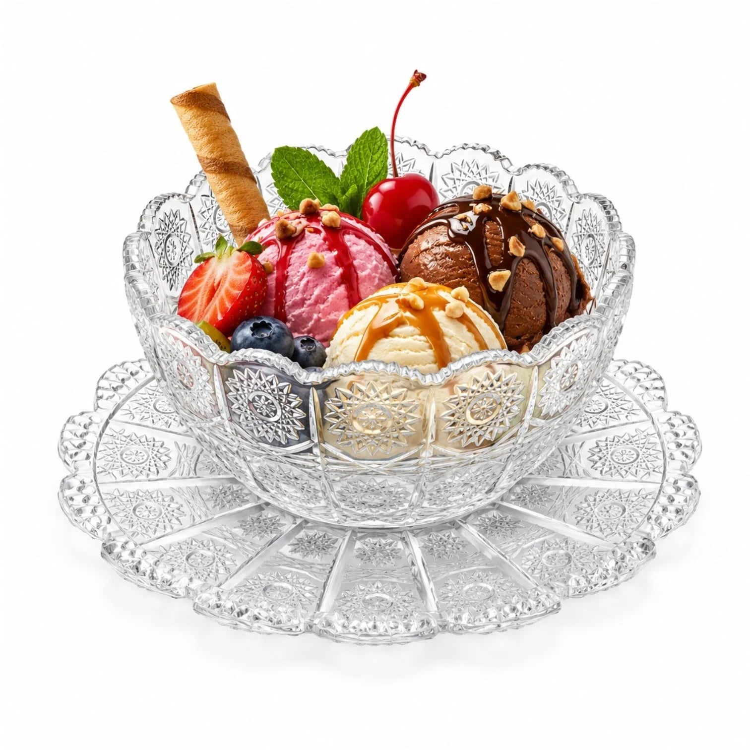 Cupa 11x5.5cm, cu Farfurie 14cm din Sticlă, 6/set pentru Înghețată, Model Cristal Engros