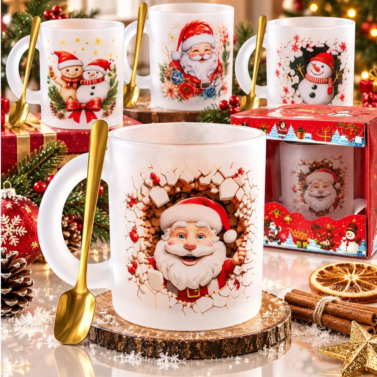 Cana din Sticla Mata 6/set, de Craciun 6/set, cu Lingurita Metalica Aurie, Diferite Modele Engros