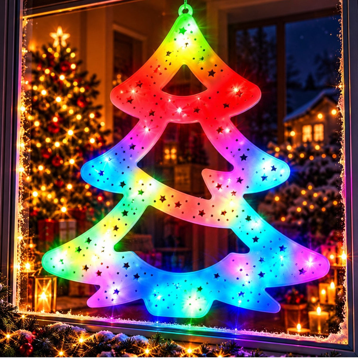 Decoratiune de Craciun Brad, 40x37cm, Ornament Geam cu Instalatie LED Multicolora, Alimentare la Priza Engros