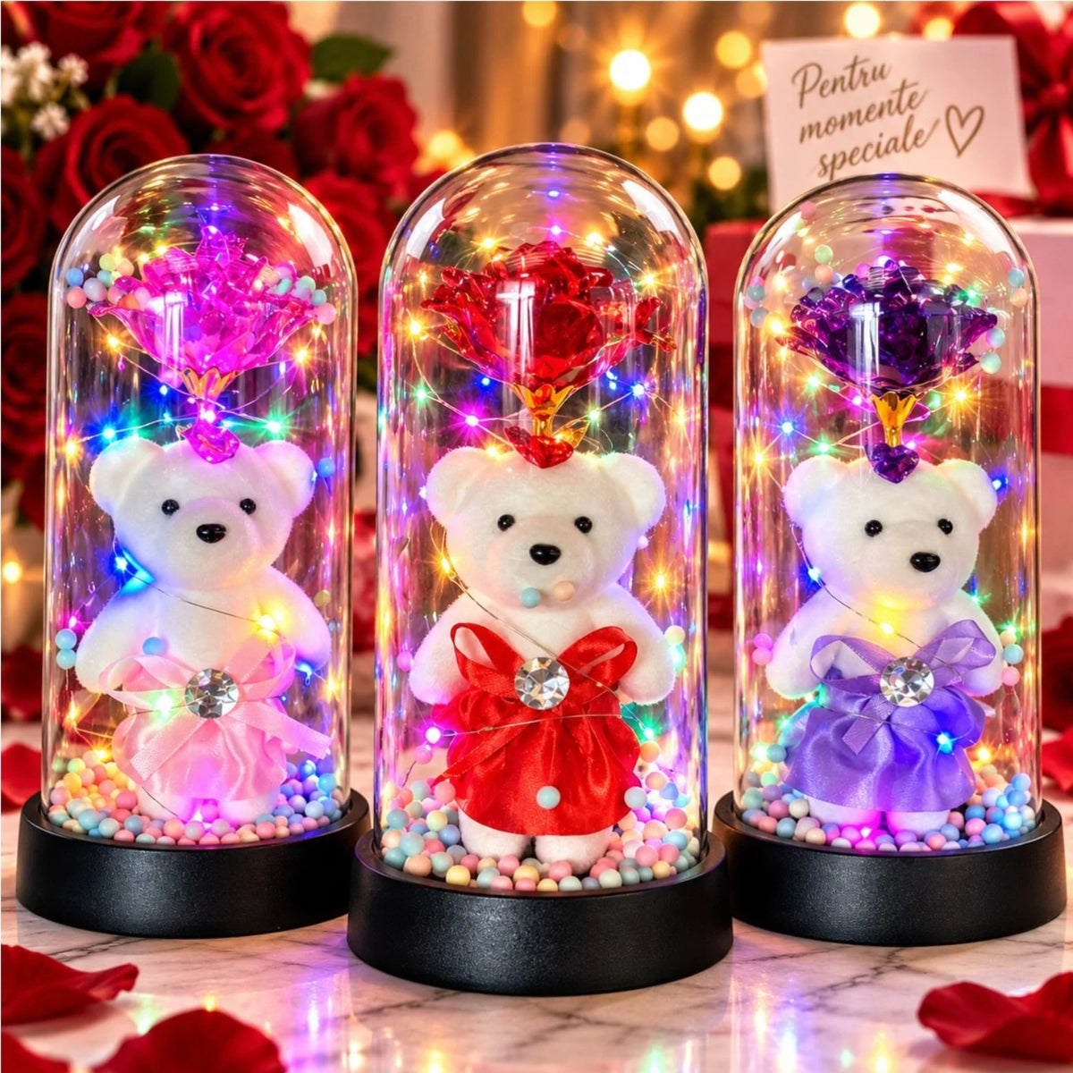 Trandafir Cristalizat 20x9.5cm cu Lumina LED Multicolor sub Cupola Transparenta, cu Ursulet Decorativ, Diferite Culori Engros