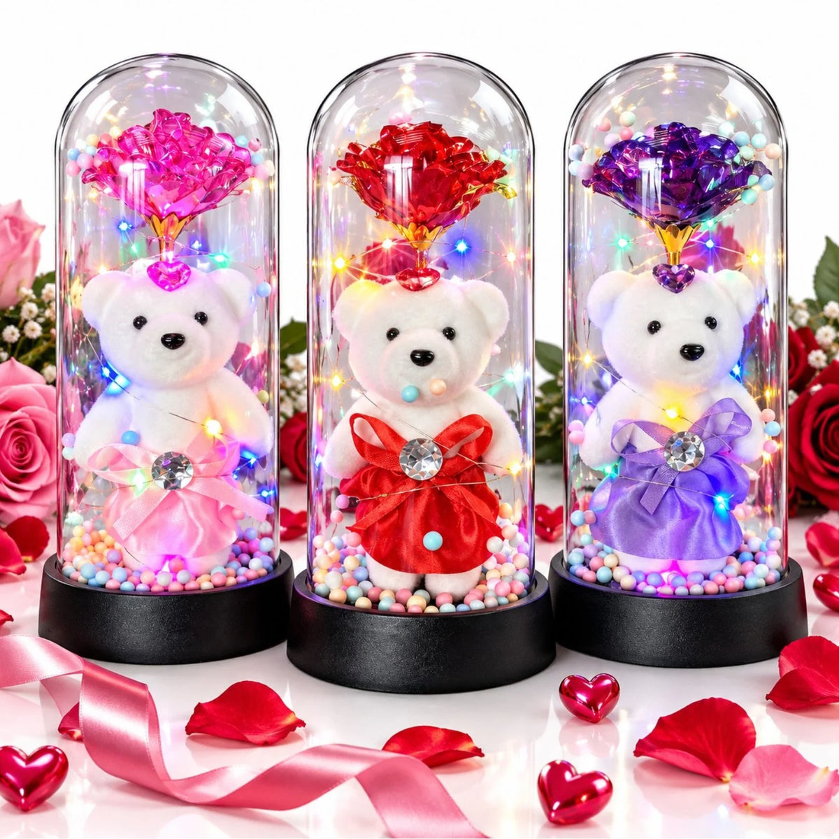 Trandafir Cristalizat 20x9.5cm cu Lumina LED Multicolor sub Cupola Transparenta, cu Ursulet Decorativ, Diferite Culori Engros