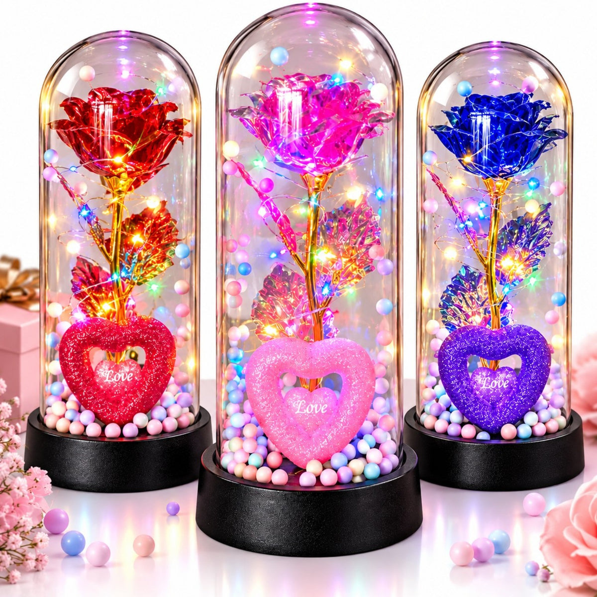 Trandafir Cristalizat 20x9.5cm cu Lumina LED Multicolor sub Cupola Transparenta, cu Inima si Bilute Decorative, Diferite Culori Engros
