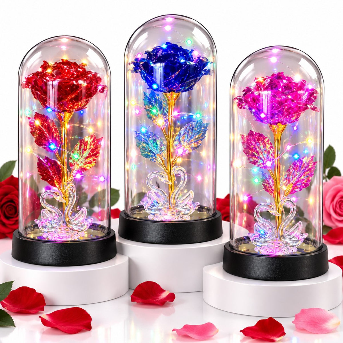 Trandafir Cristalizat 20x9.5cm, cu Lumina LED Multicolor sub Cupola Transparenta, cu Lebede Decorative, Diferite Culori Engros