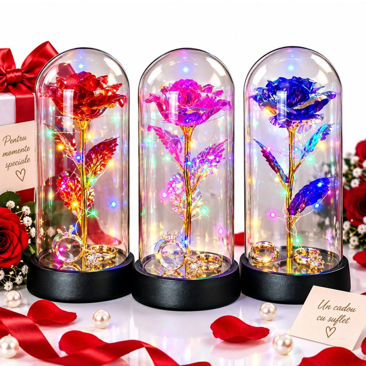 Trandafir Cristalizat 20x9.5cm, cu Lumina LED Multicolor sub Cupola Transparenta, cu 2 Inele Decorative, Diferite Culori Engros