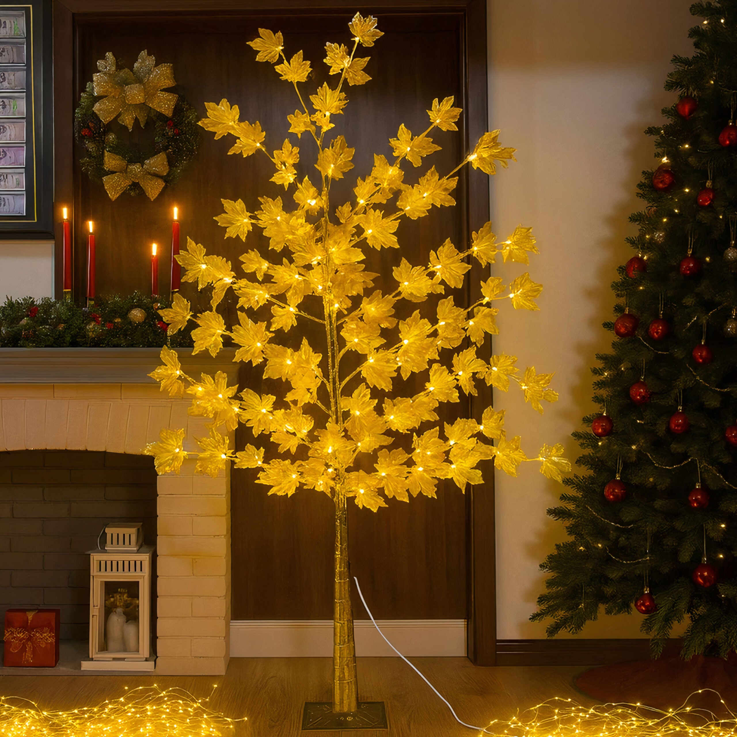 Pom Decorativ 175cm, Brad Artificial de Craciun cu Frunze Luminoase LED Alb Cald, pe Suport Plastic, pentru Interior si Exterior Engros