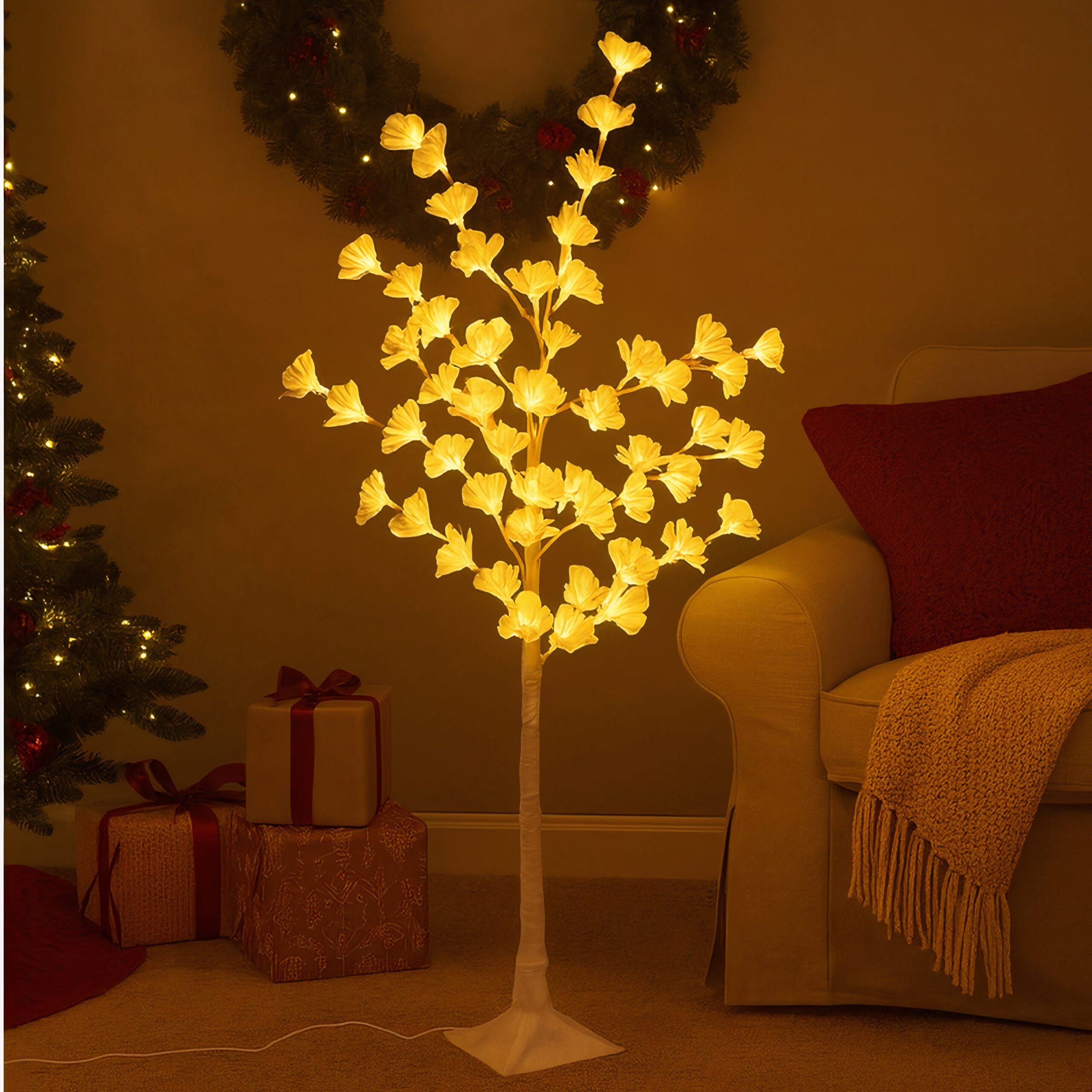 Pom Decorativ 165cm, Brad Artificial de Craciun, cu Lumina LED Alb Cald, Model Floare Galbena, pentru Interior si Exterior Engros