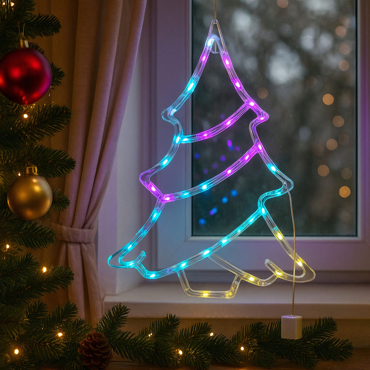 Decoratiune Crăciun 37x30cm Model Brad cu Lumină Multicoloră LED, Ornament Suspendat Transparent Engros