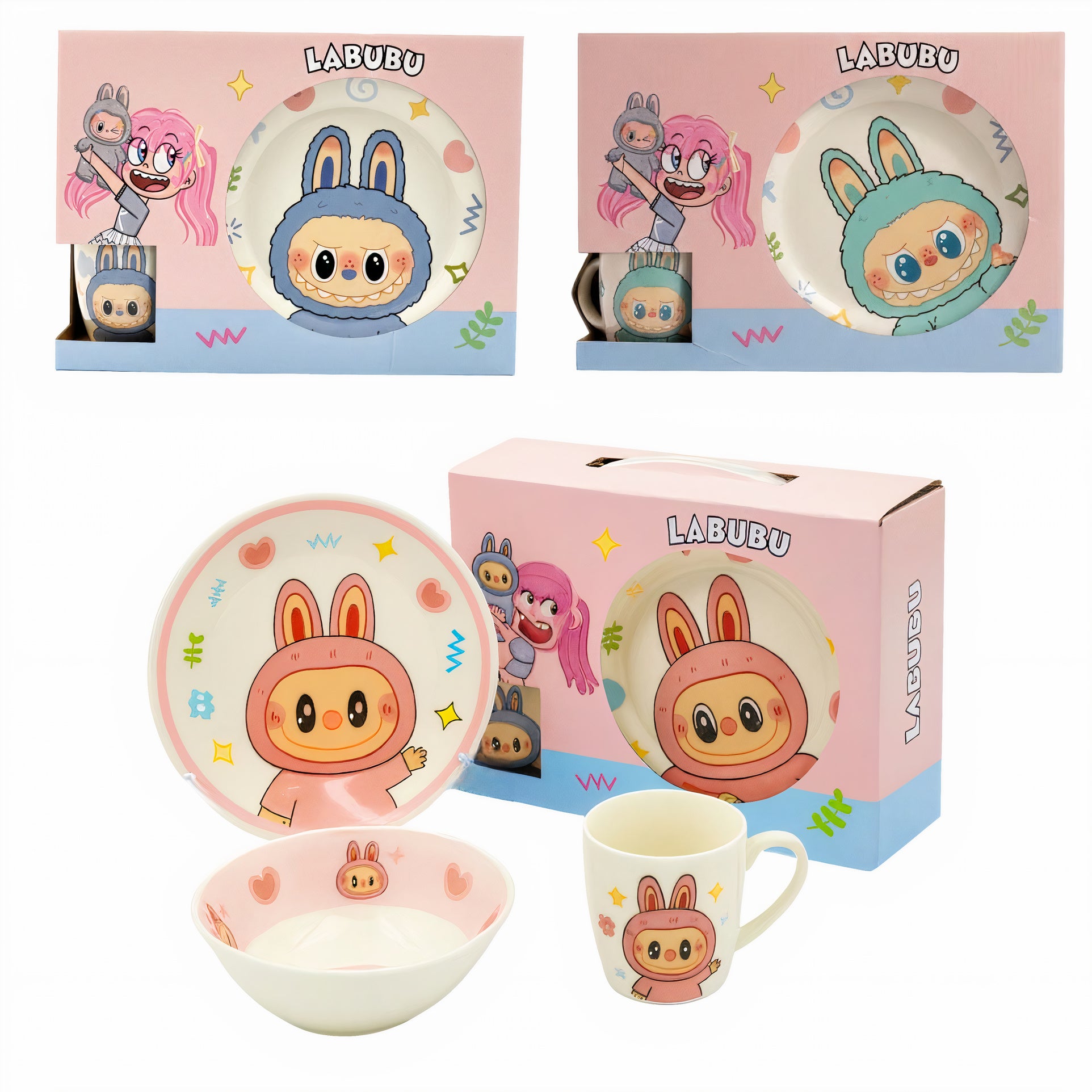 Vesela pentru Copii 3/set, Labubu din Ceramica, Diferite Culori Engros