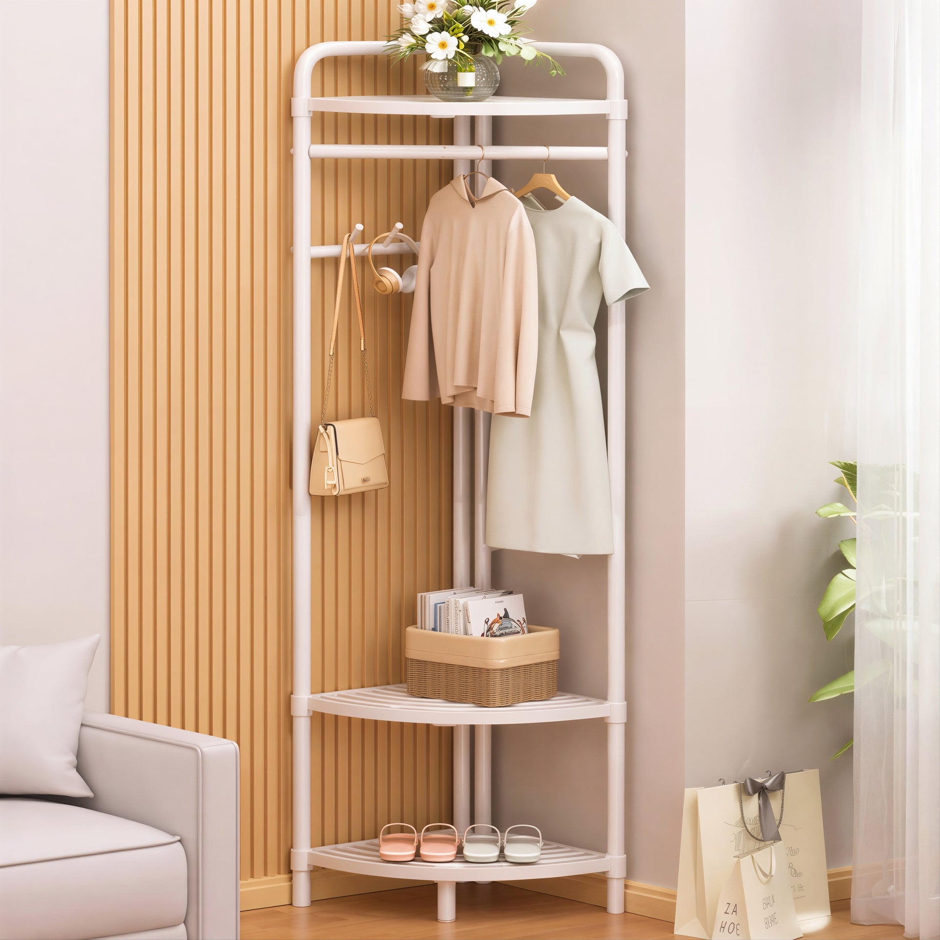 Cuier de Colț pentru Haine 165×42cm, cu Rafturi și Bară pentru Umerașe Structură Metalică Engros