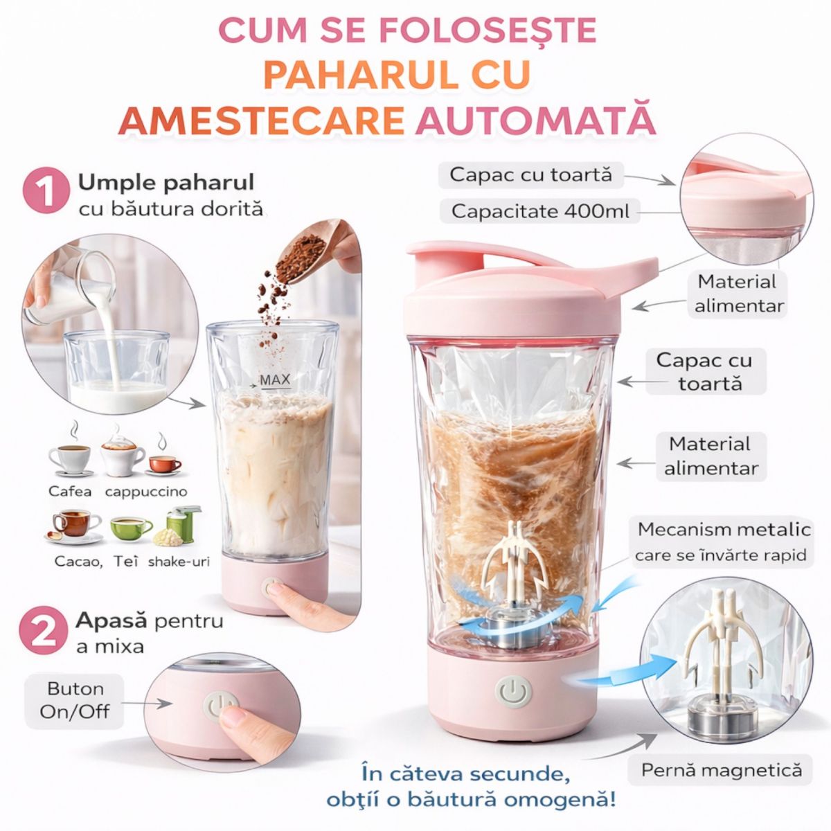 Pahar cu Amestecare Automată 20cm cu Mecanism Rotativ, Capac cu Orificiu pentru Băut Buton On/Off din Plastic Reîncărcabil Engros