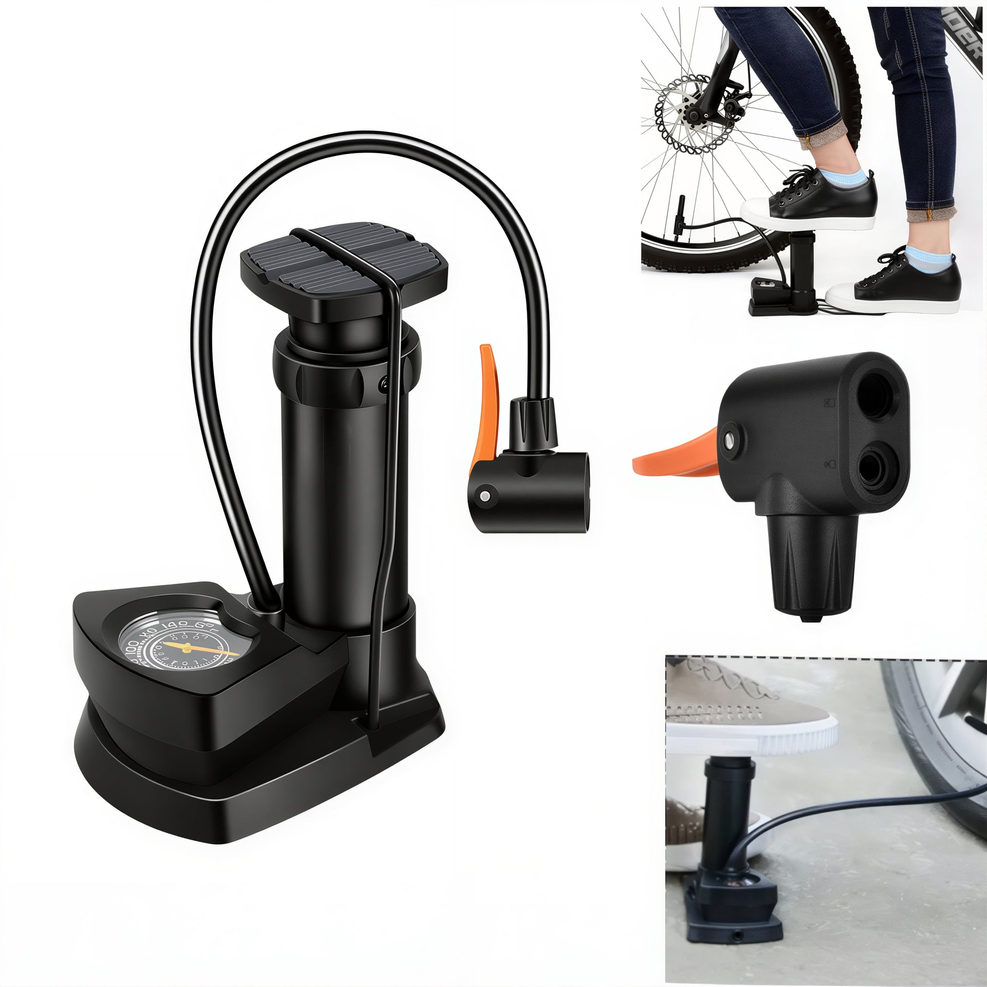 Pompă Aer de Picior 25x12x9cm, cu Manometru Integrat și Furtun Flexibil Multifunctionala Engros