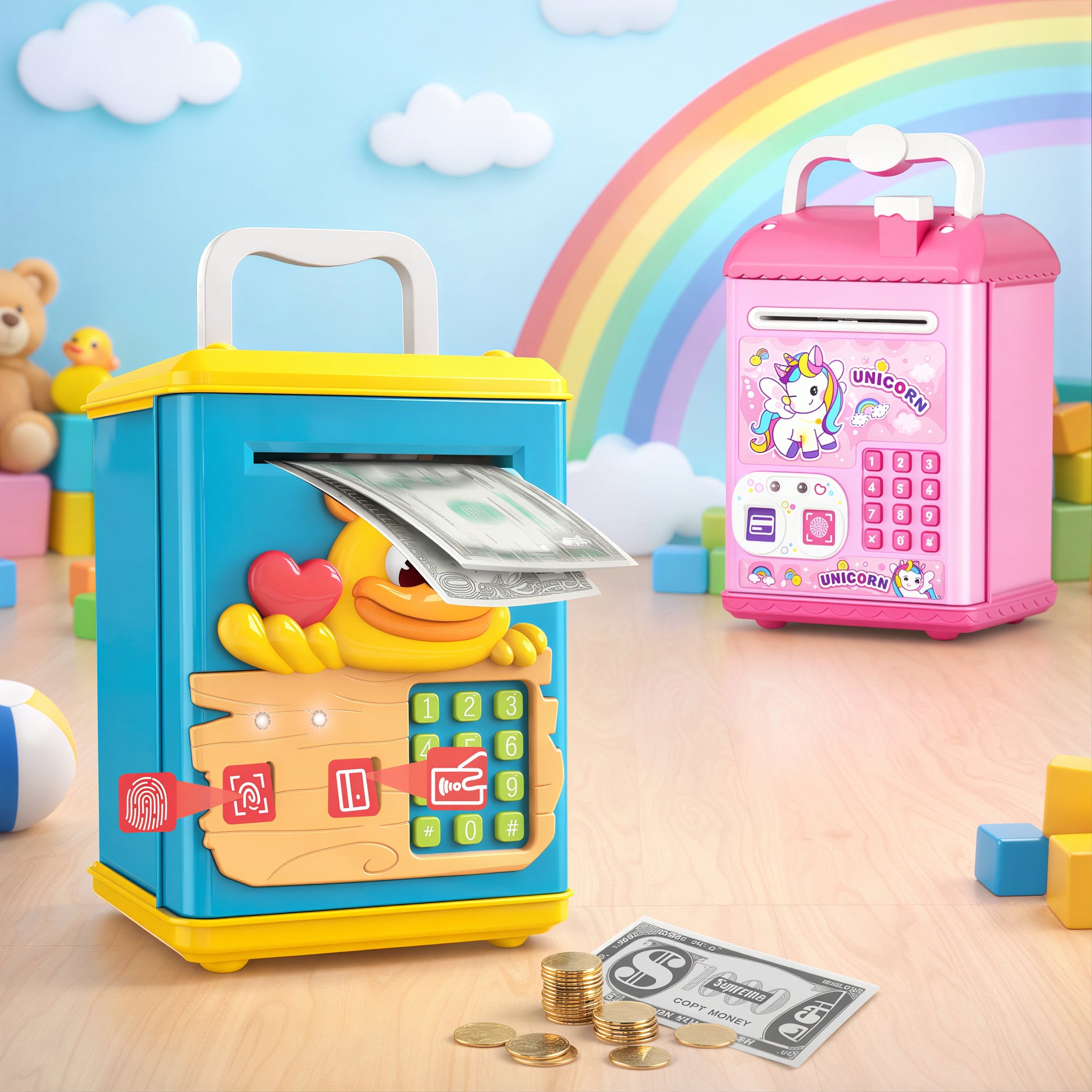 Pușculiță Electronică pentru Copii 21.5x13x12cm, cu Deblocare prin Amprentă Card și PIN Diferite Modele Engros