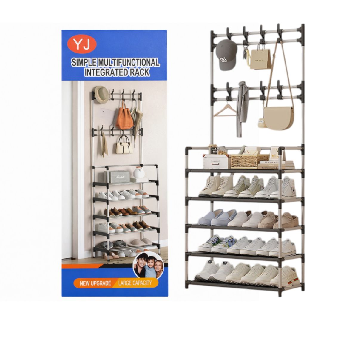 Cuier Multifuncțional cu Rafturi pentru Pantofi 171x60cm, cu Cârlige pentru Haine și Accesorii Structură Metalică Engros