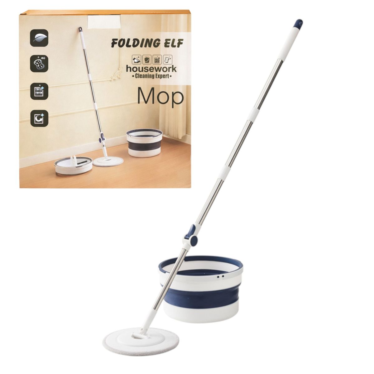 Mop Rotativ cu Mâner Telescopic 118–140cm si Găleată Pliabilă 32x19cm, Stoarcere prin Rotire din Plastic Engros